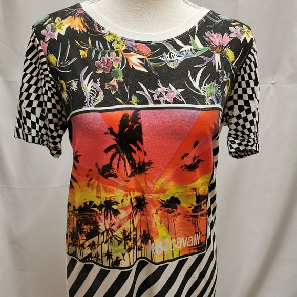 Just Cavalli Summer Postcard Floral Striped Tee T-Shirt - Picture 2 of 8